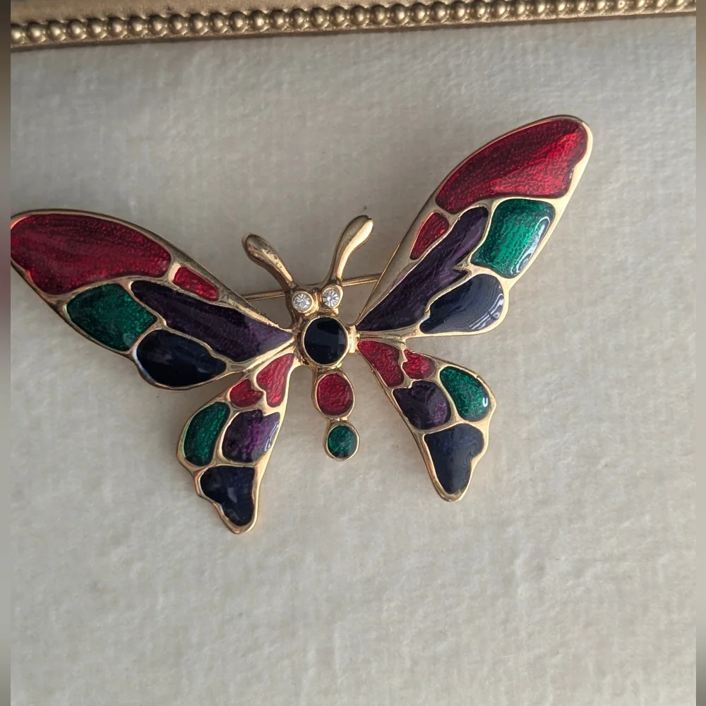 3 Vintage Multicolored Gold Tone Colorful Butterfly Brooches